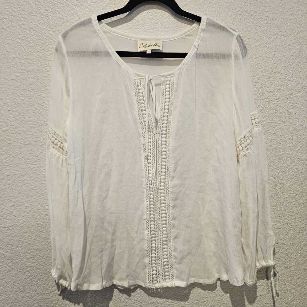 Cleobella Sheer Peasant Long Sleeve Crochet Detail Blouse Top Size XS
